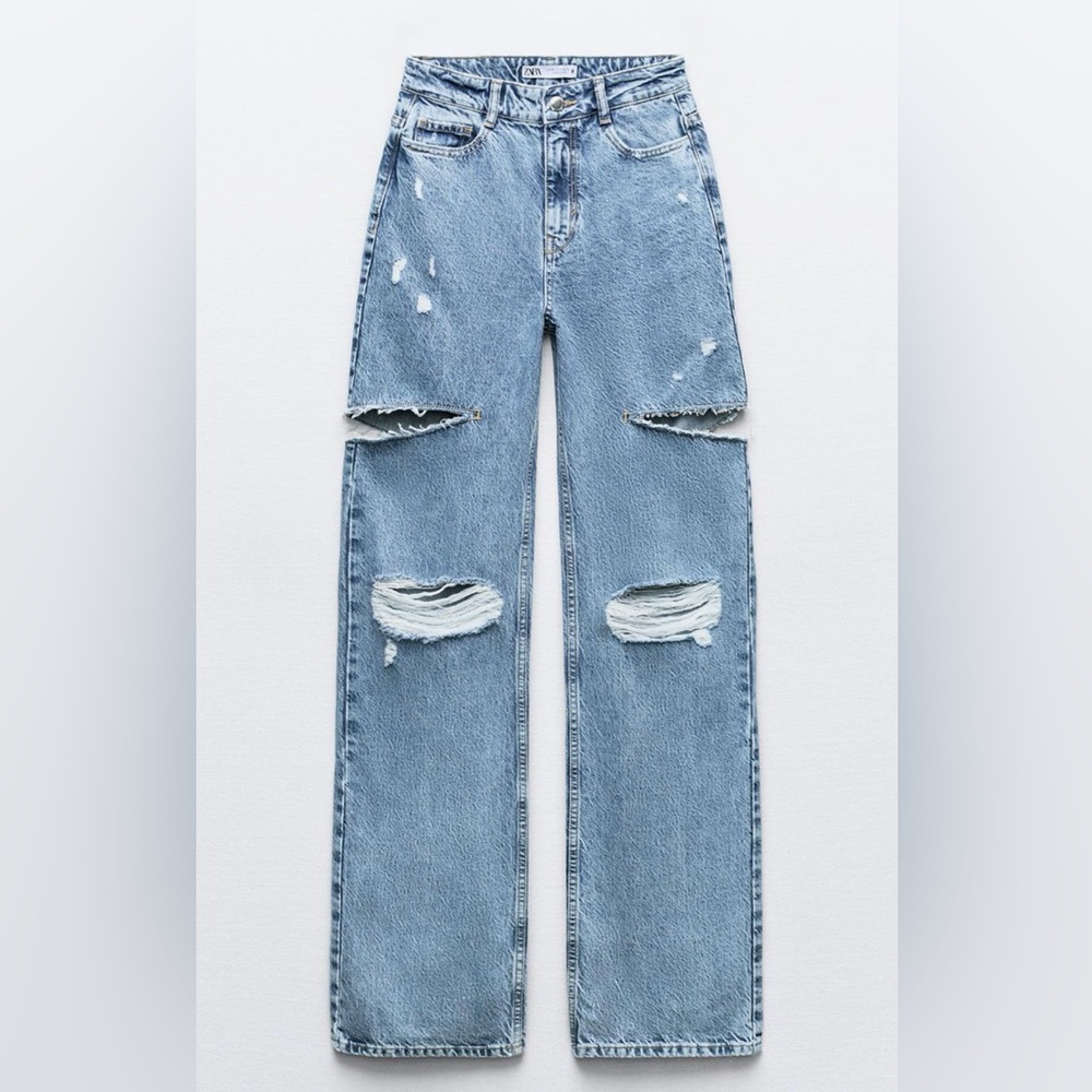 Zara Mid Waist Ripped Cut Out Straight Leg Jeans size 2
